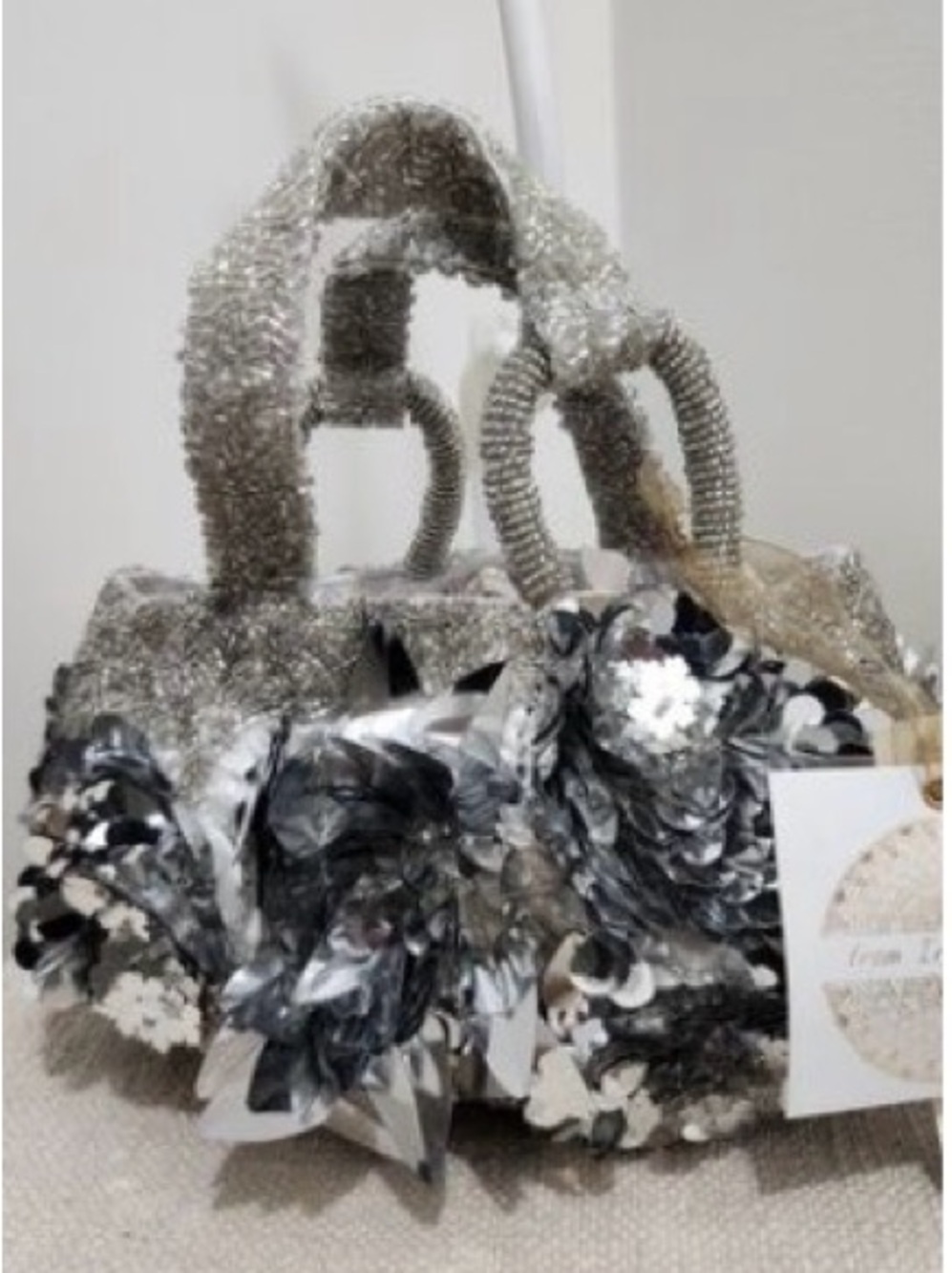 Beaded Silver Evening Tote with Floral Sequin Embellishment